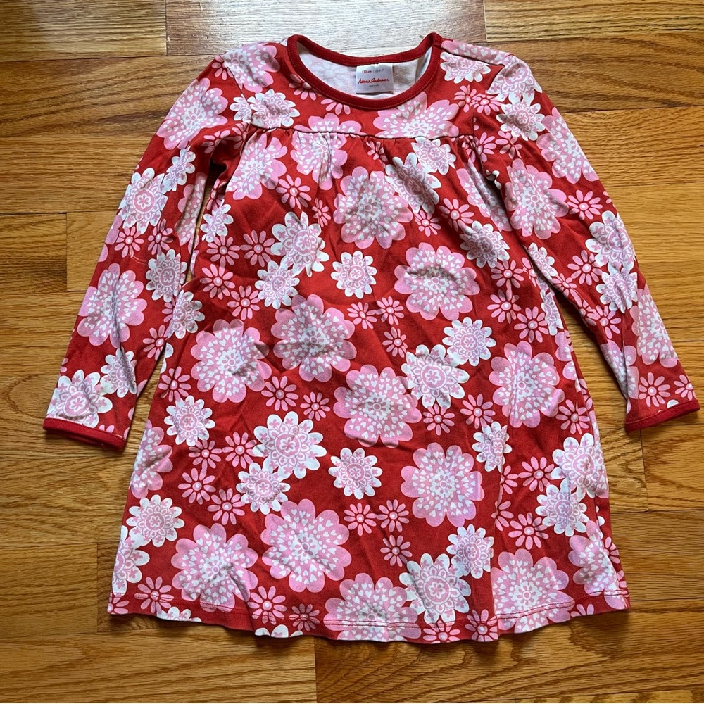 Hanna Andersson red pink and white mod floral print dress size 6-7